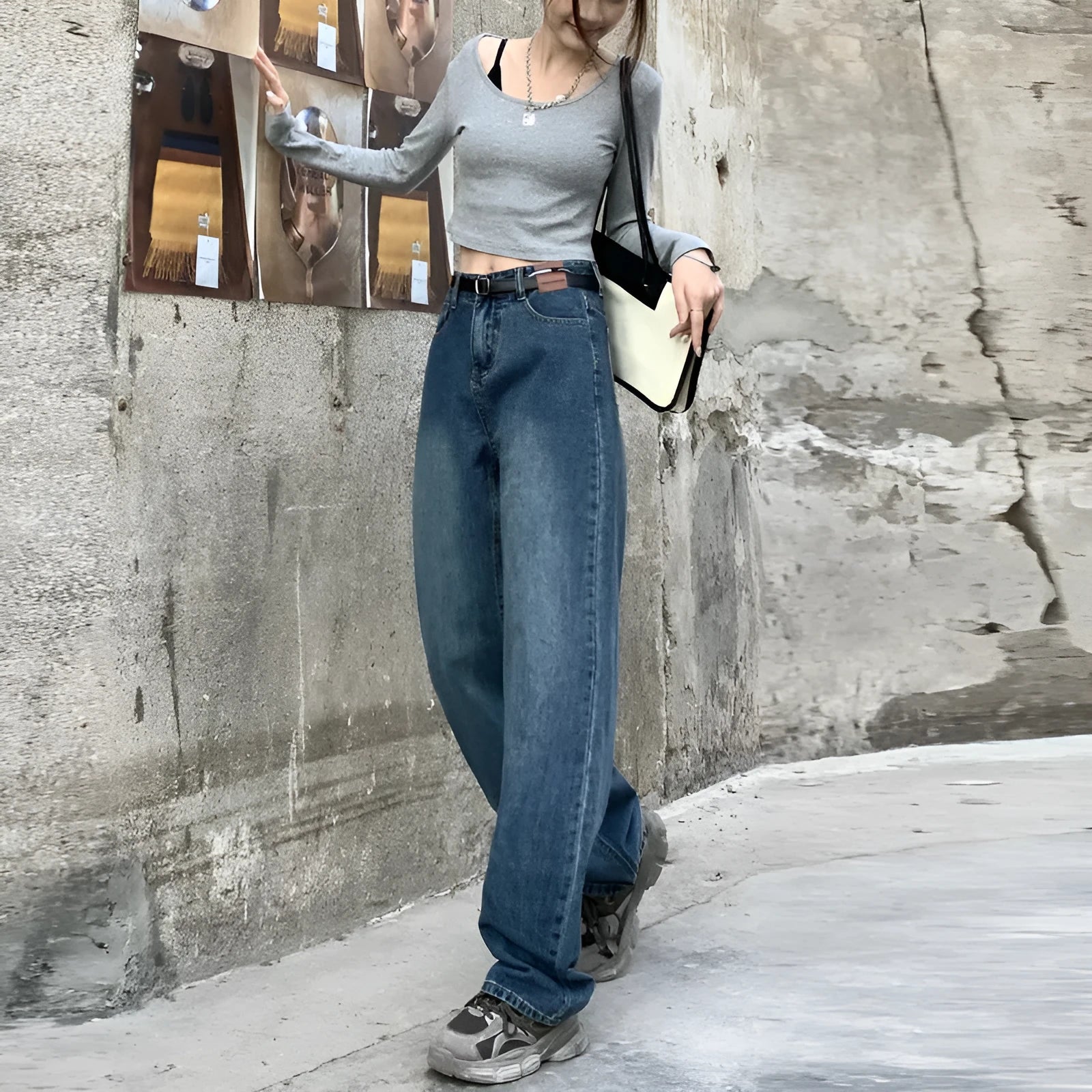 Women's retro blue straight-leg jeans with high waist in three length variations