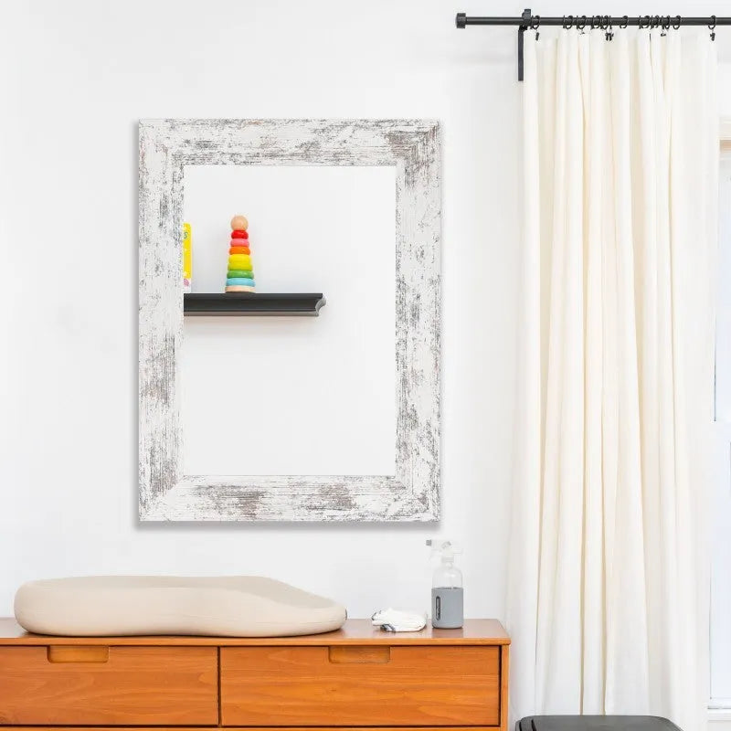 Pastoral style wall-mounted bathroom mirror with MDF frame in Small Old White colour