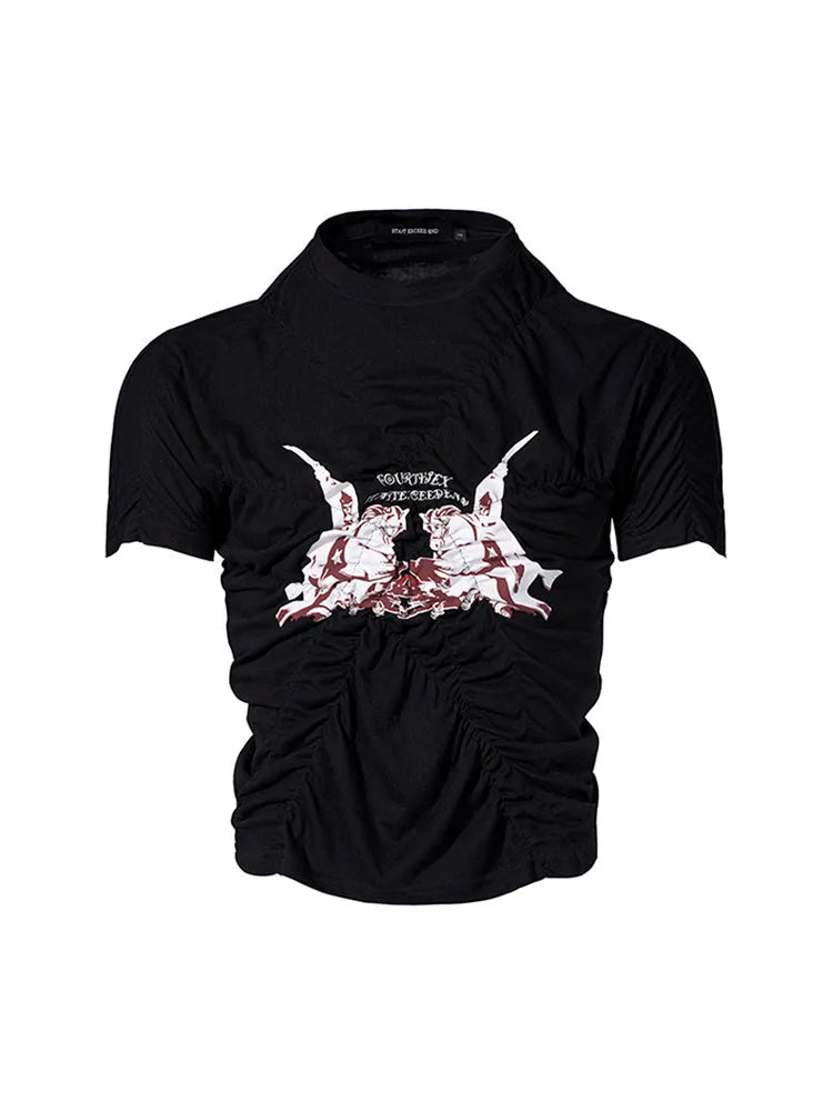 Black slim fit men's t-shirt with short sleeves and a printed design, laid flat.