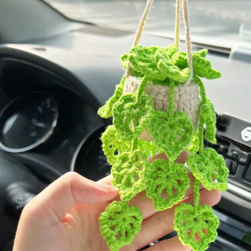 Green and white knitted wool succulent car ornament with 8cm base and hanging cord