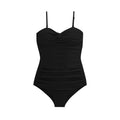 Women's black one-piece swimsuit with suspender straps and a high-waist design.