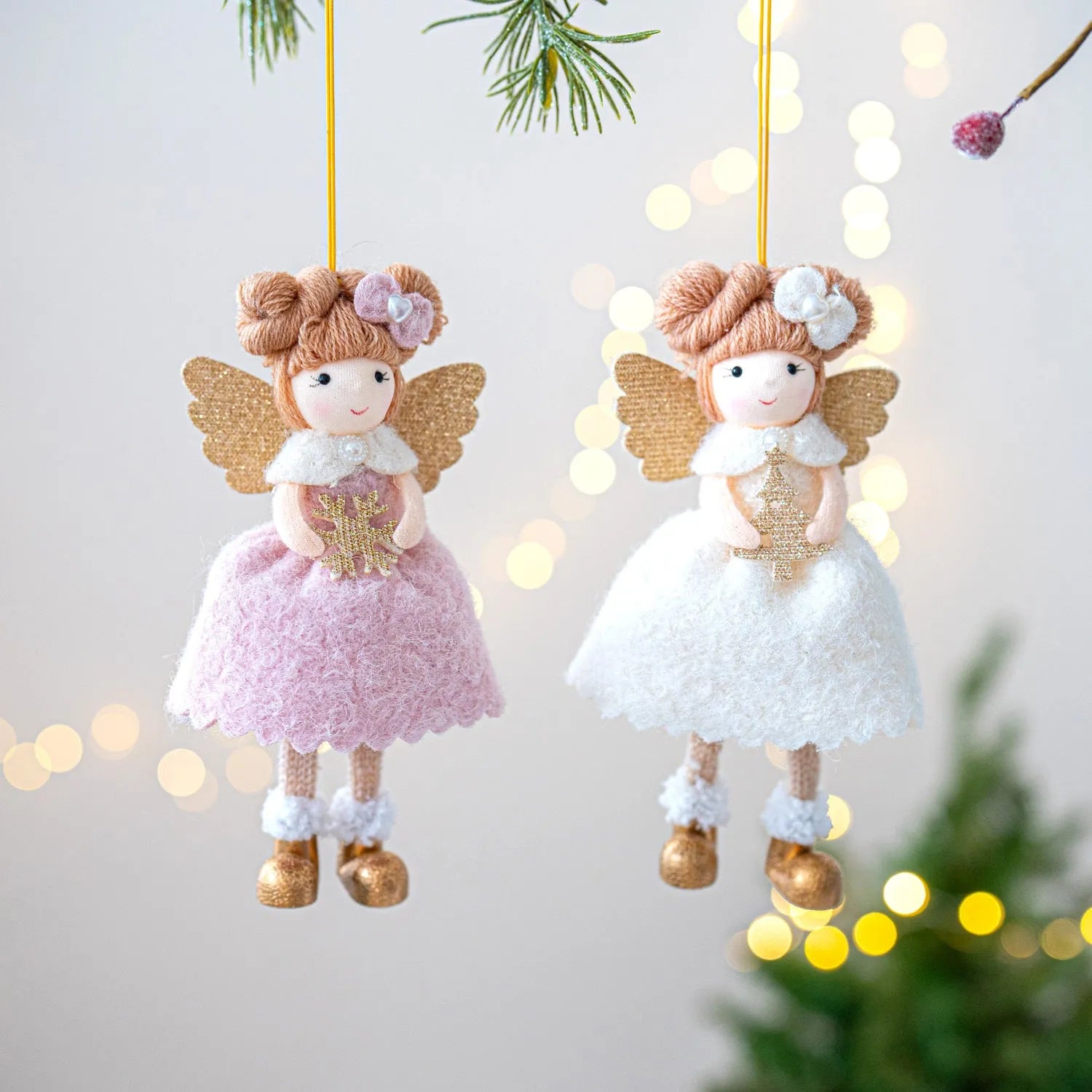 Pink and white cloth angel wings plush pendant Christmas tree ornament