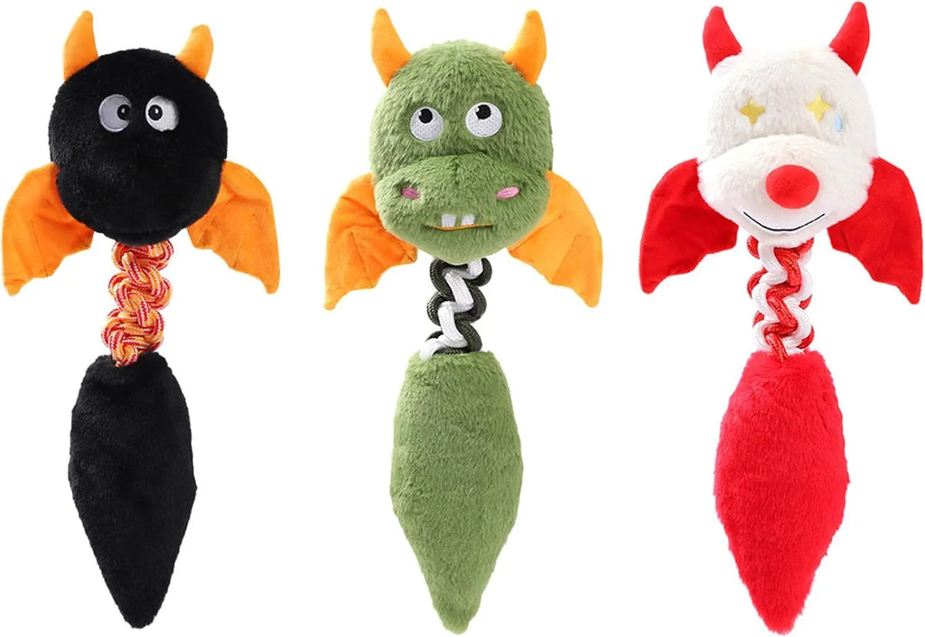 Large green plush dog toy with cartoon shape, shown next to a red version, on a white background.