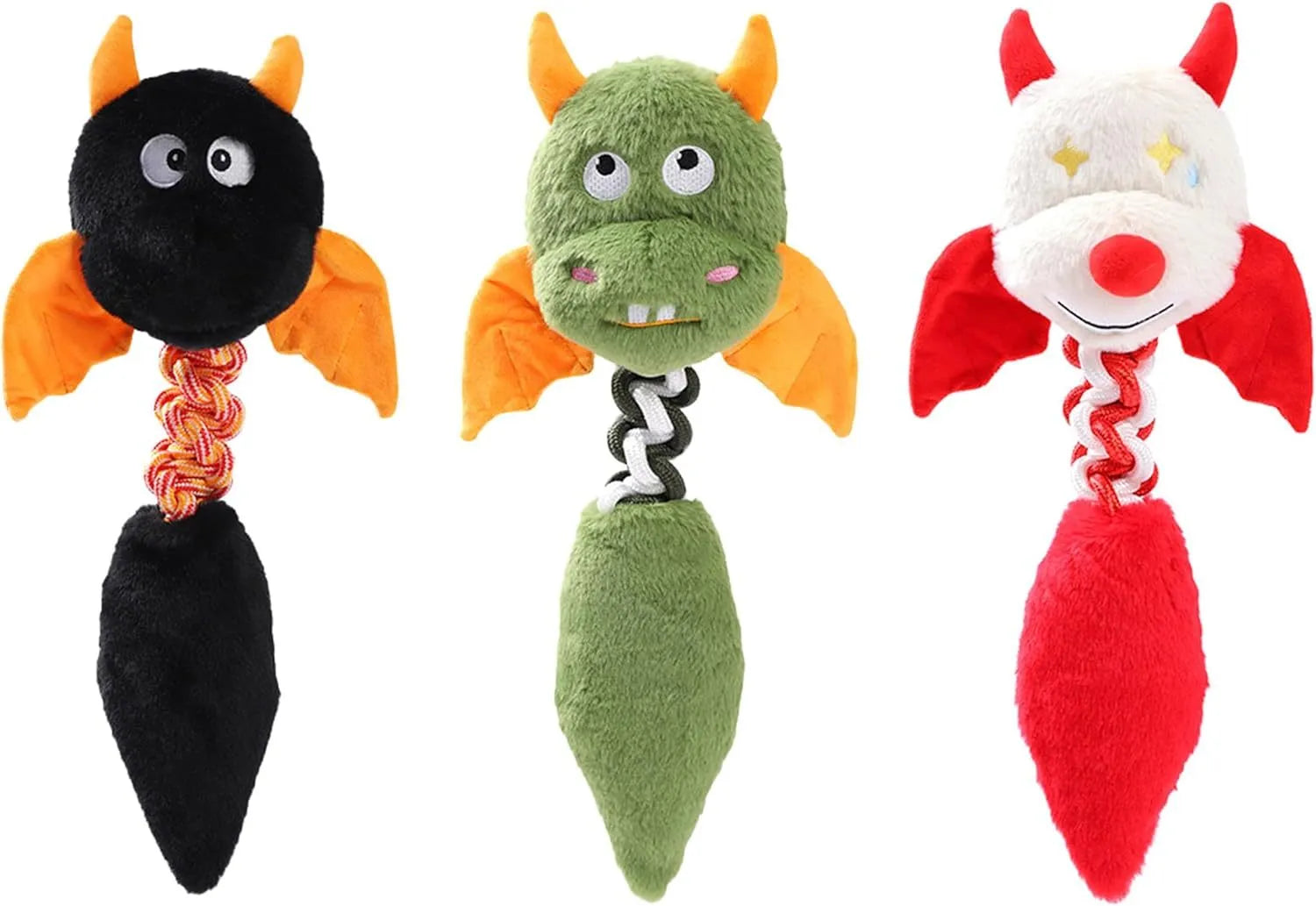 Large green plush dog toy with cartoon shape, shown next to a red version, on a white background.