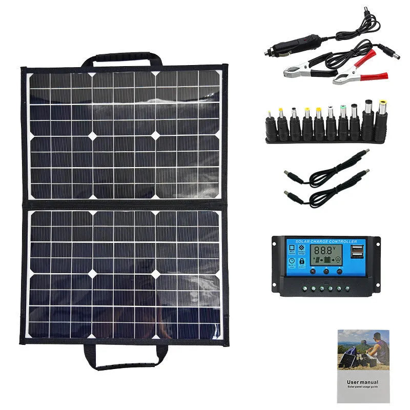 Black foldable 40W solar panel bag showing folded dimensions and monocrystalline cells