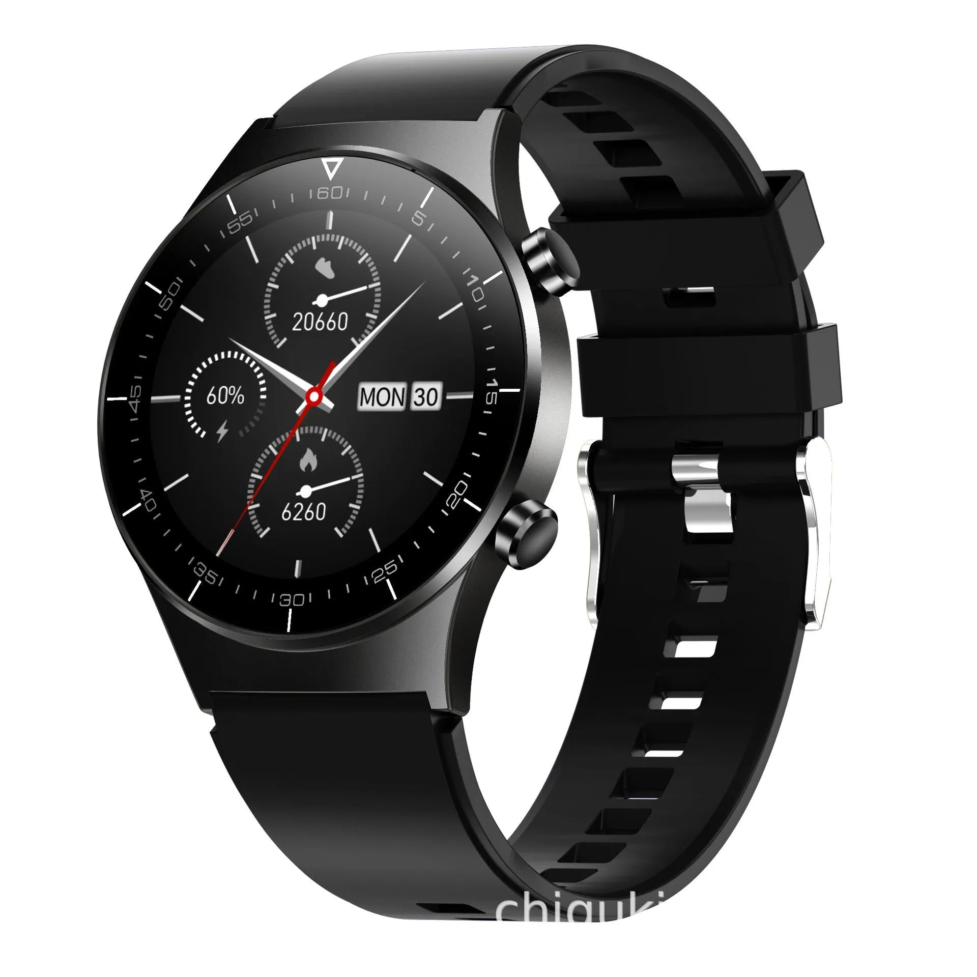 Black smart watch with TPU strap showing a 1.28-inch touchscreen display on a wrist.