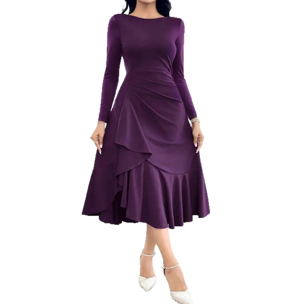 Purple women's long sleeve pullover dress with round neck and ruffle details on mannequin