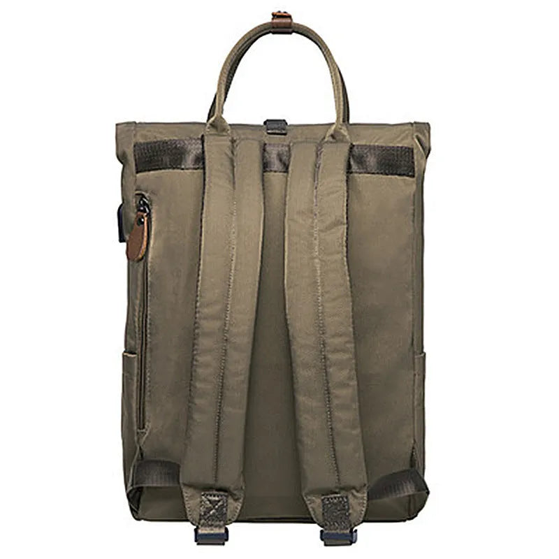 Casual black polyester backpack with cover-type opening, showing internal computer and zipper pockets.