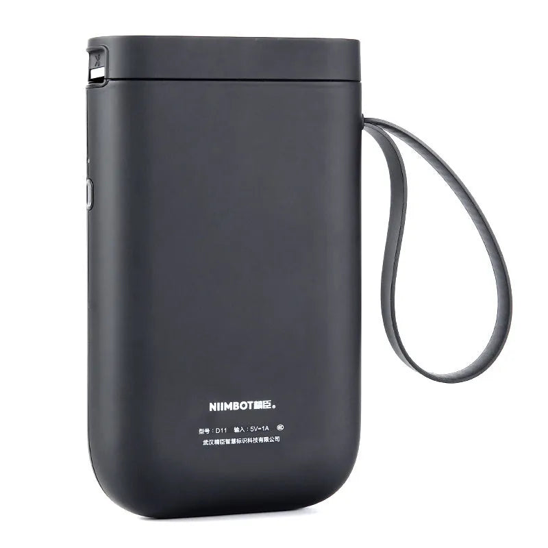 D11 Bluetooth thermal label printer in various colours, shown next to a mobile phone displaying the label design app.