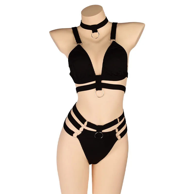Women's bikini swimsuit set with black top and pants on white background showing front view