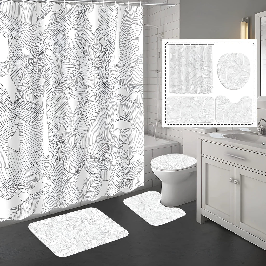 Bomi printed polyester shower curtain and anti-slip floor mat set in modern simplicity style, multiple colour options