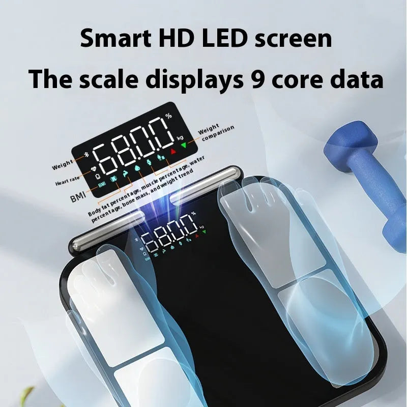 Black electronic body fat scale with colour screen display on tempered glass platform