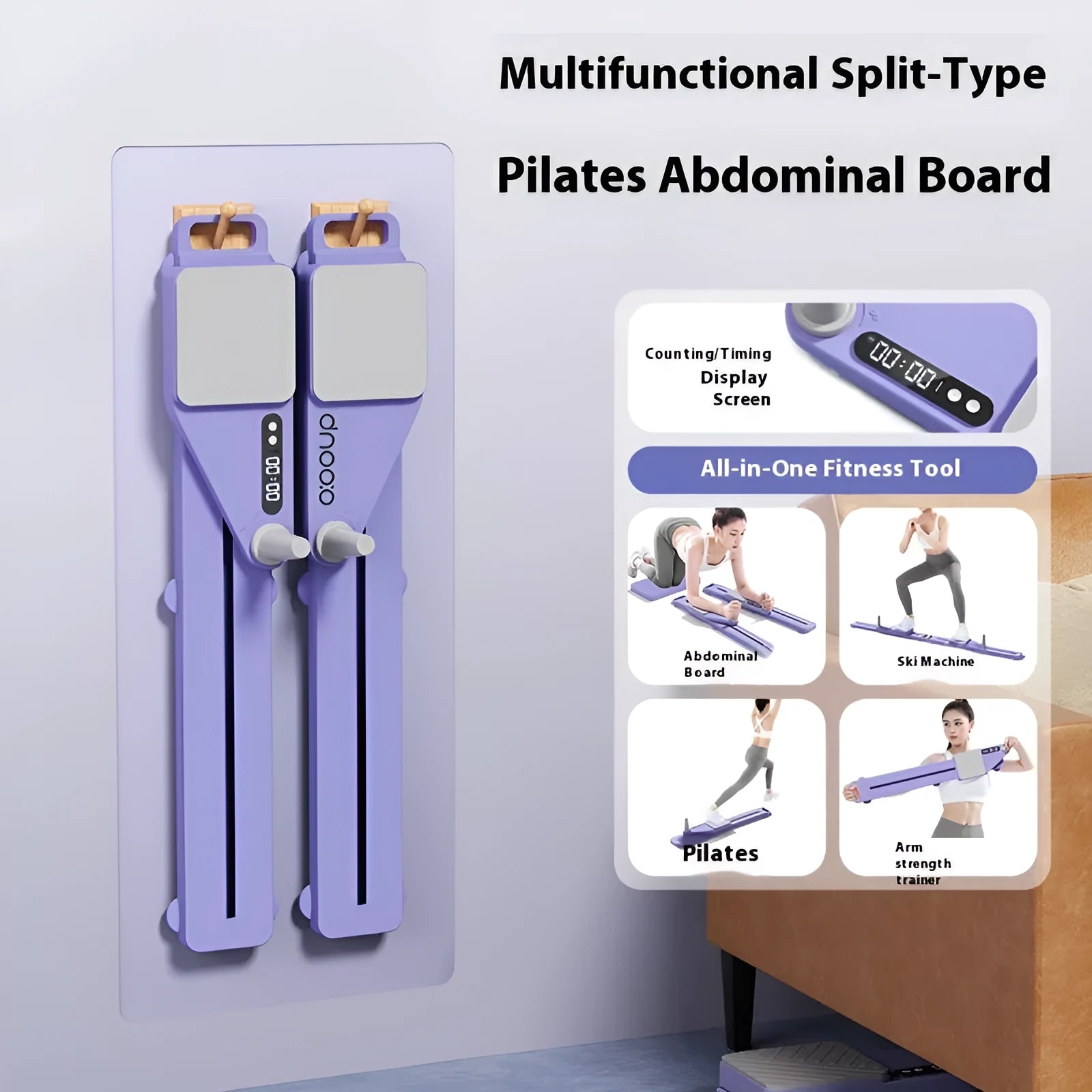 Split multifunctional skiing machine trainer with 85cm supine board for home fitness workouts