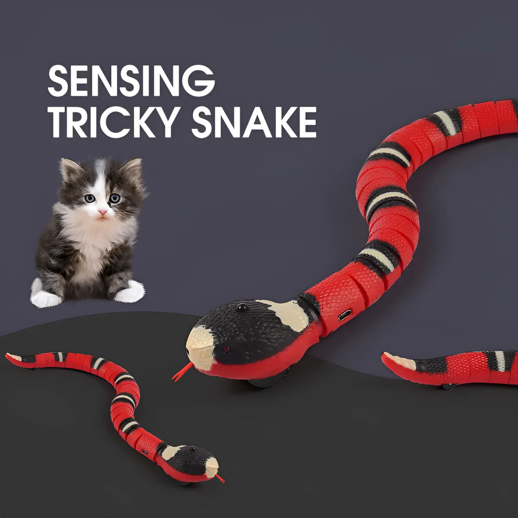 Smart sensing electronic snake cat toy with realistic plastic body on floor