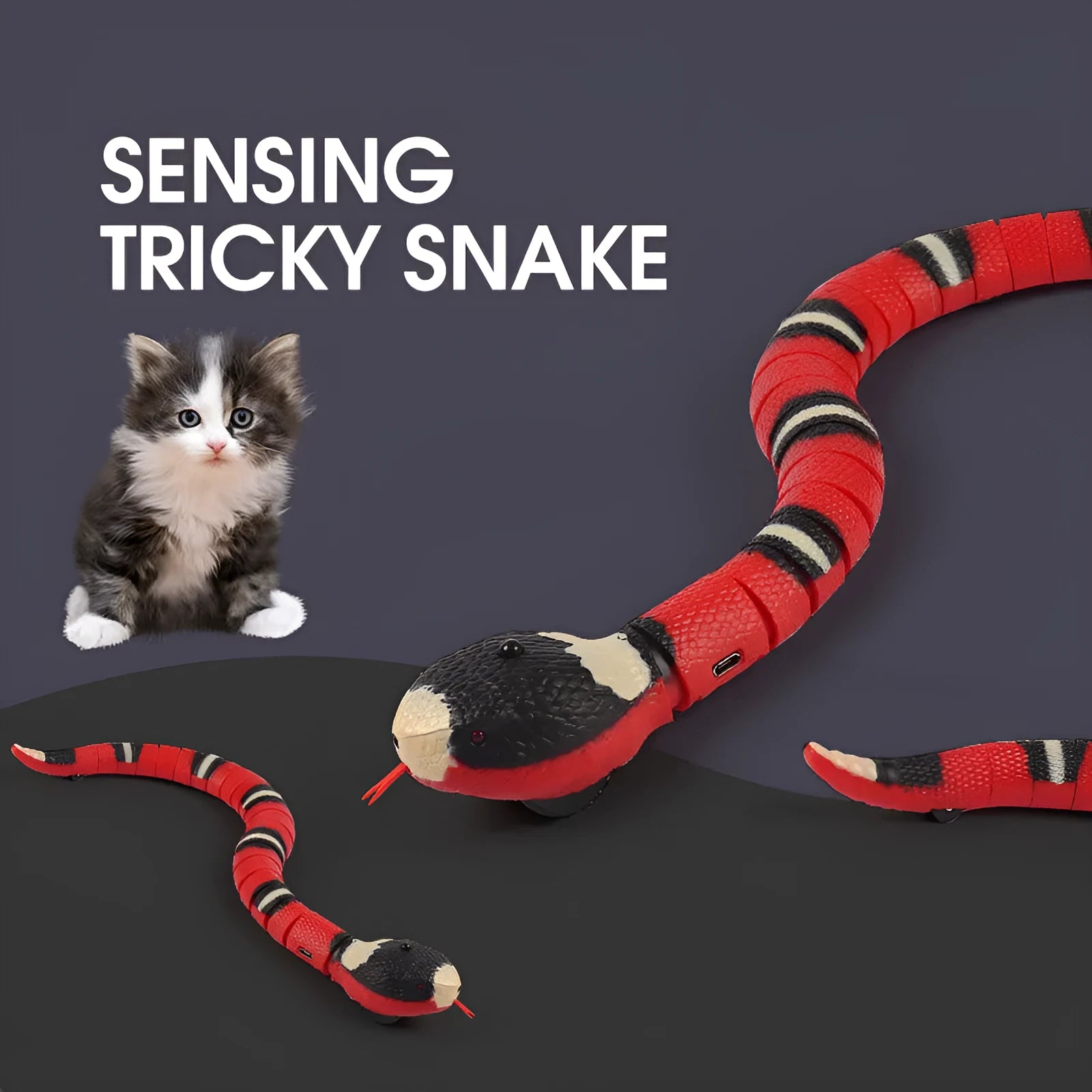 Smart sensing electronic snake cat toy with realistic plastic body on floor