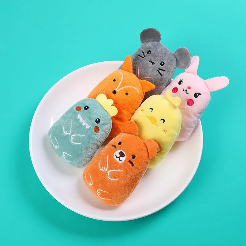 Small brown plush cat toy with catnip for chewing and interactive play.