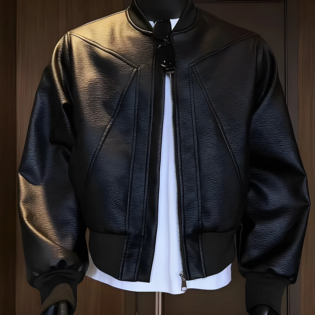 Men's extended length PU litchi leather jacket in light business style