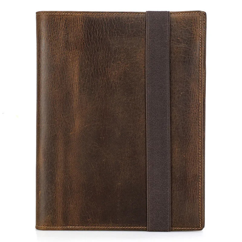 Brown Crazy Horse leather A5 notebook protective sleeve with multi-function pockets