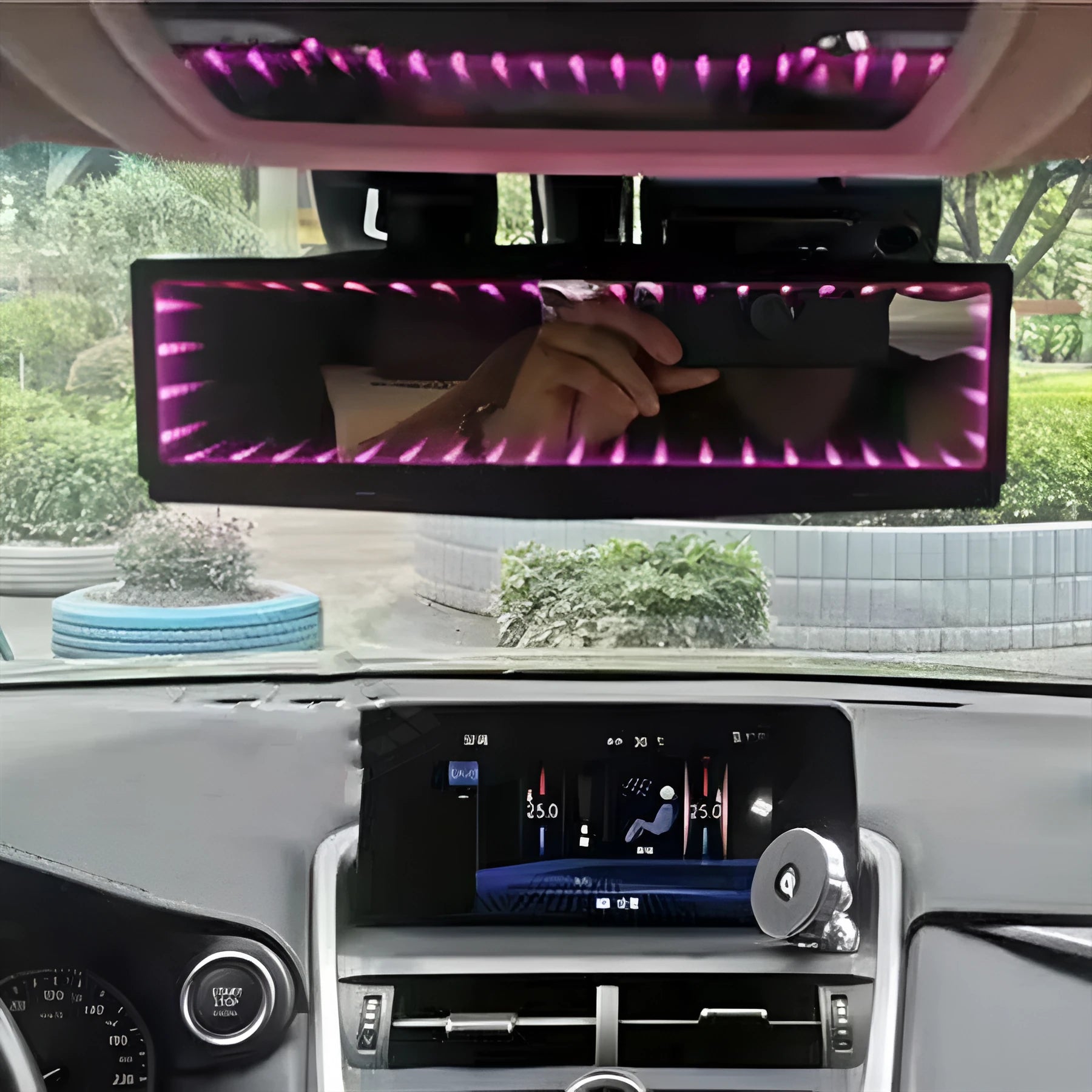 280mm wide flat car rearview mirror with anti-glare coating and colourful LED lighting in blue colour
