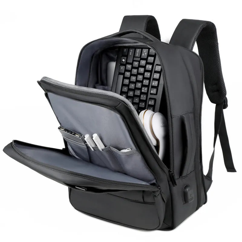Men's large capacity waterproof Oxford cloth backpack in black with curved shoulder strap