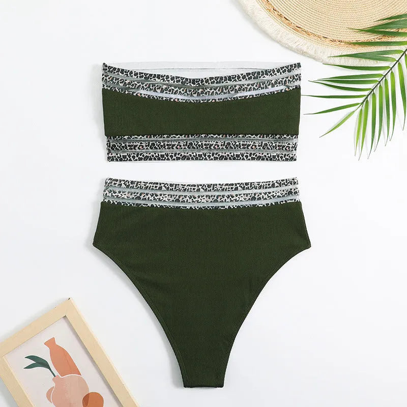 Black strapless split swimsuit with leopard print pattern showing front and back views