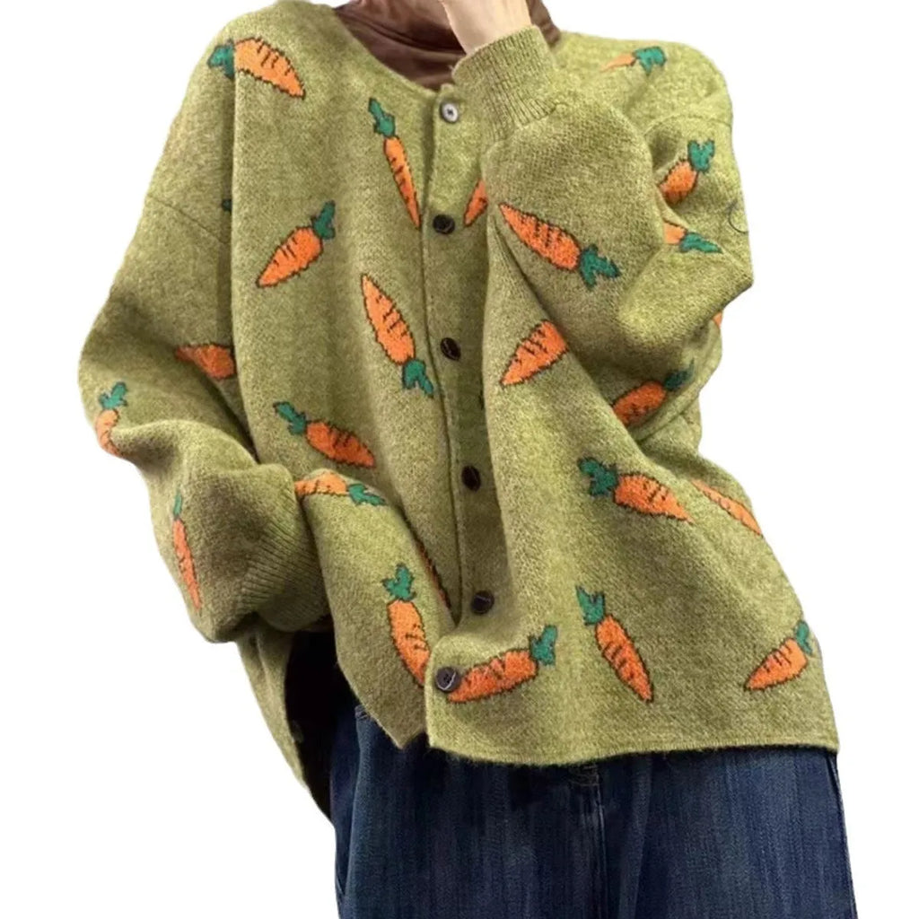 Round neck loose fit cardigan with Mori artistic colour contrast print.