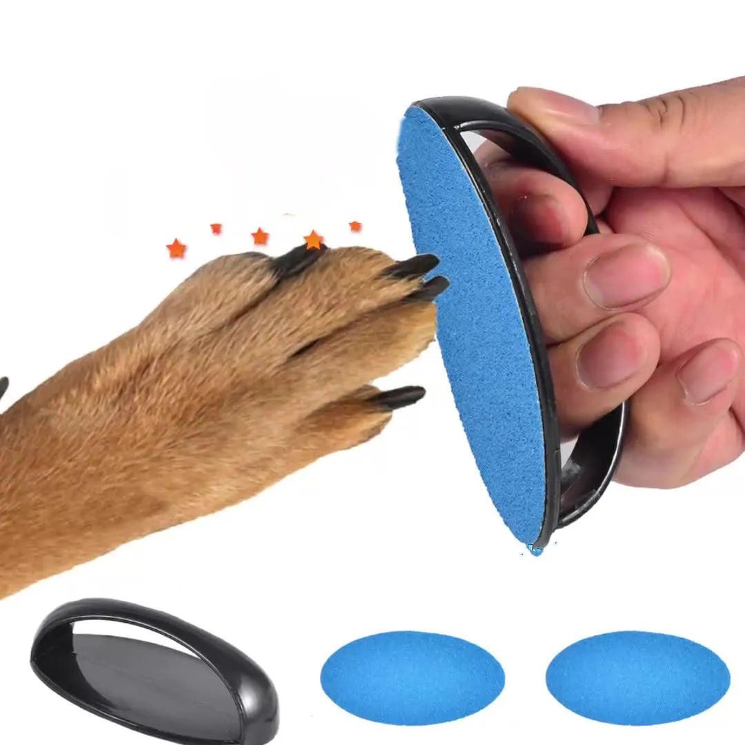 Round blue dog nail file board with an ergonomic handle on a table.