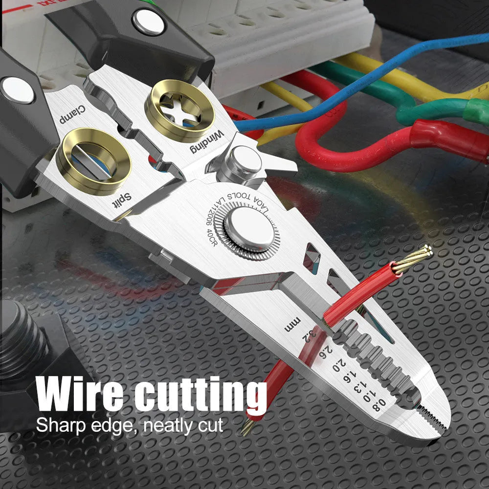 Stainless steel multifunctional wire stripper tool with two-colour handle showing seven different sized stripping ports.