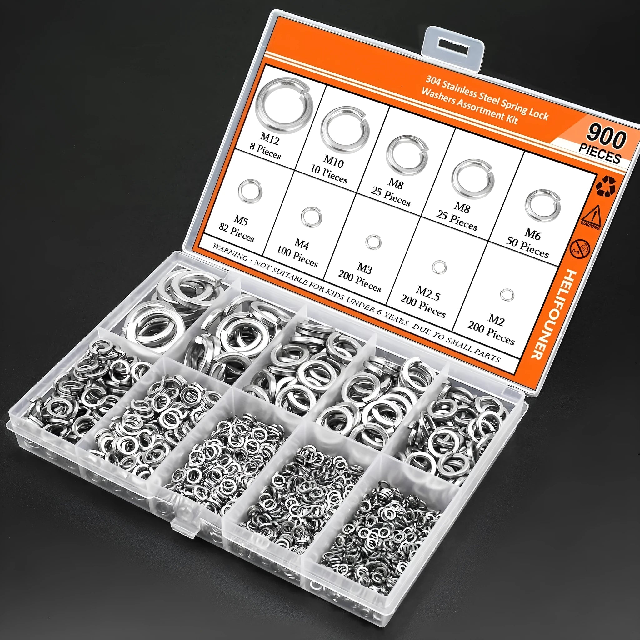 304 stainless steel spring lock washer combination box with 900 pieces covering M2 to M12 fastener sizes