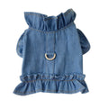 Dark blue denim pet dress with ruffled vest design and leash hook for dogs and cats