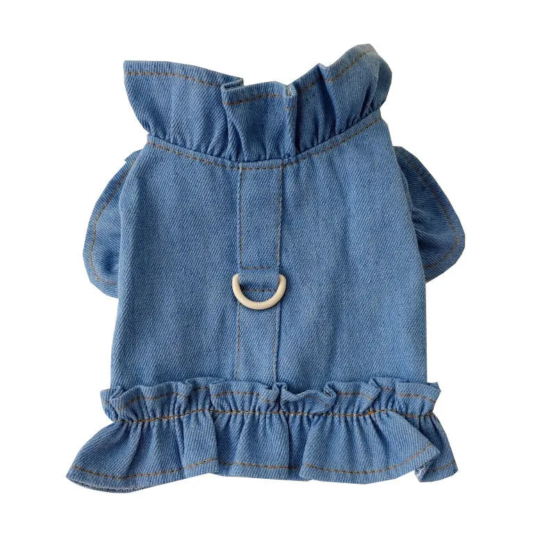 Dark blue denim pet dress with ruffled vest design and leash hook for dogs and cats