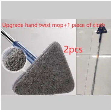 Blue extendable triangle mop with rotating head and adjustable stainless steel pole for corner cleaning