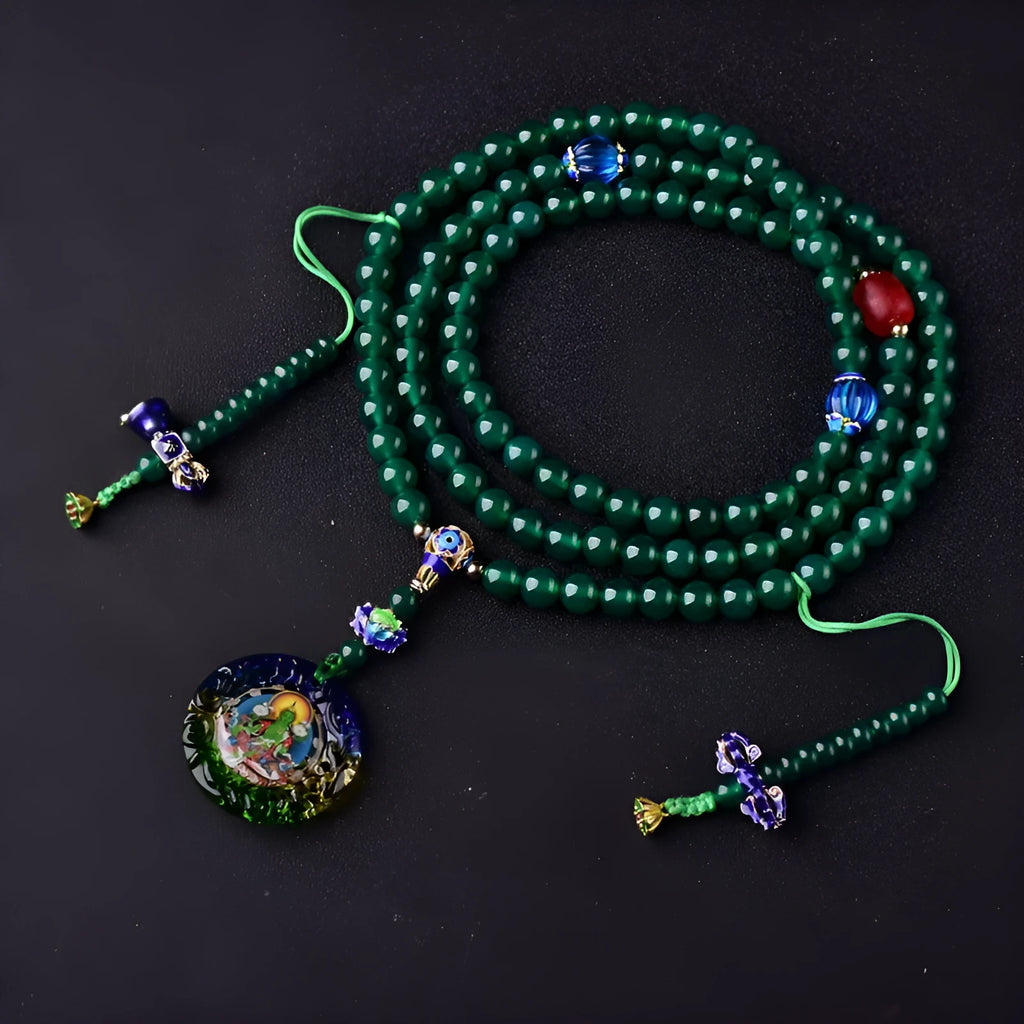 Handmade natural green agate 108 thangka pendant multi-circle bracelet with certification