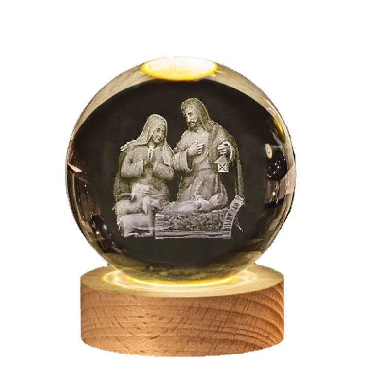 White crystal ball lamp on solid wood base with religious purity designs inside