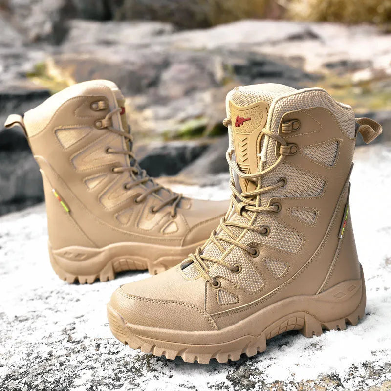 Men's beige cowhide hi-top hiking sneakers with platform sole for outdoor activities.