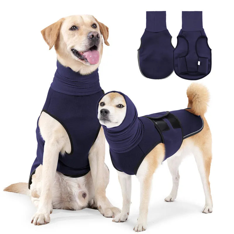 Army Green polyester dog anxiety jacket shown on a medium-sized dog.