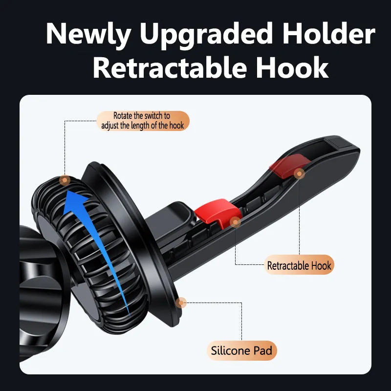 Black magnetic car air vent phone holder with alloy bracket and attached smartphone