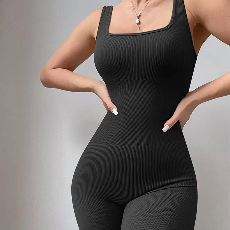 Women's beige spandex suspender tank top tights with long sleeves and button detailing