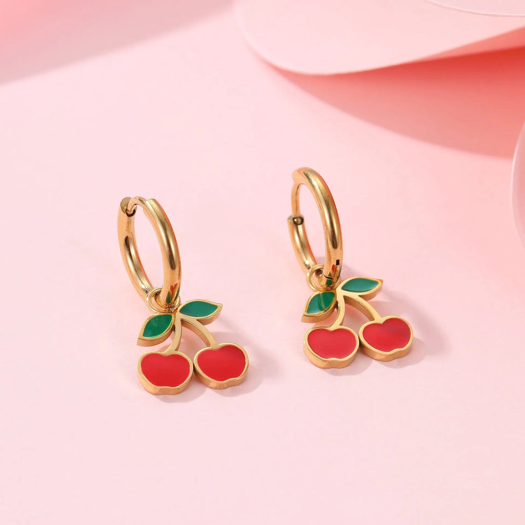18K stainless steel cherry jewellery set with necklace, bracelet, earrings, and ring featuring geometric design