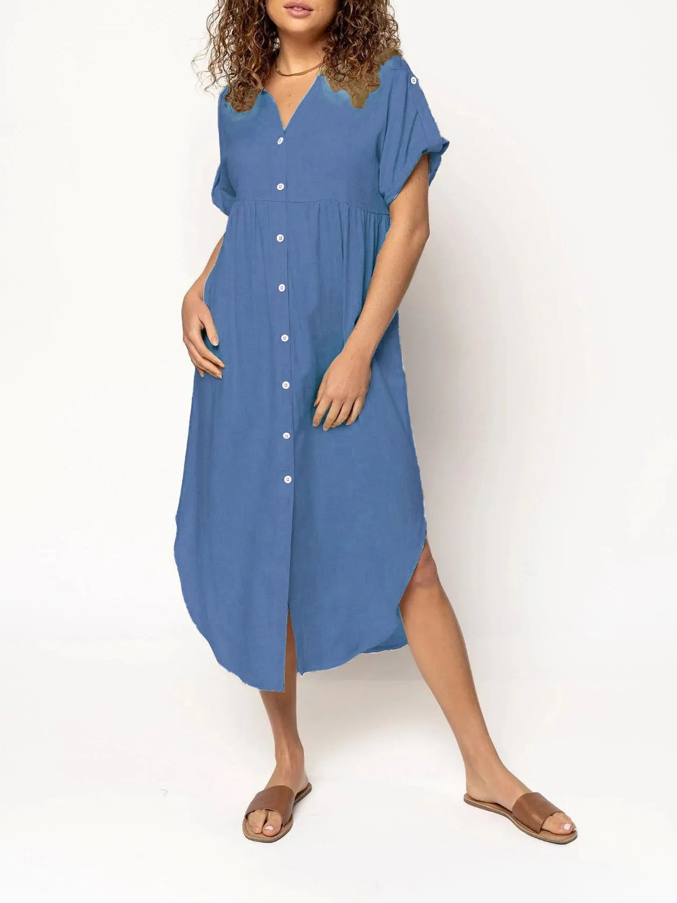 Women's casual button front mid-length dress in solid colour with regular sleeves and loose fit