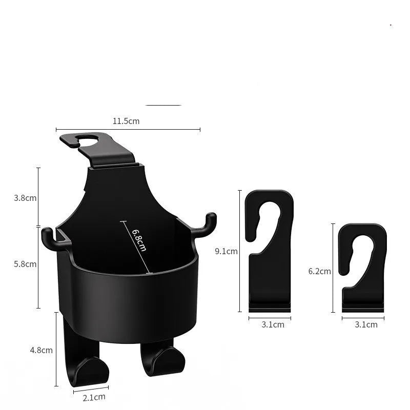Black plastic car hook seat back organiser with cup holder and hooks for vehicle storage