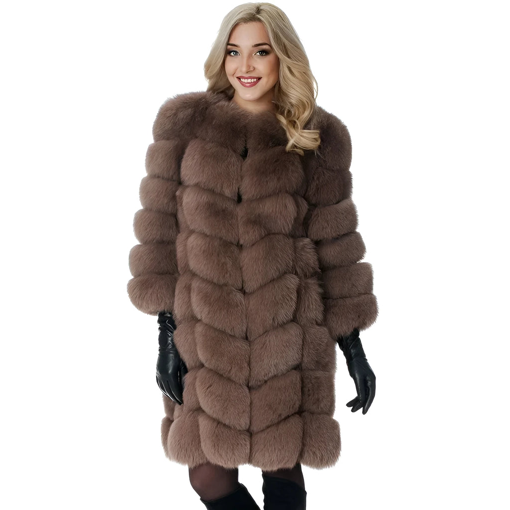 Women's long artificial fur coat in wine red colour, showing regular sleeves and knee-length fit.