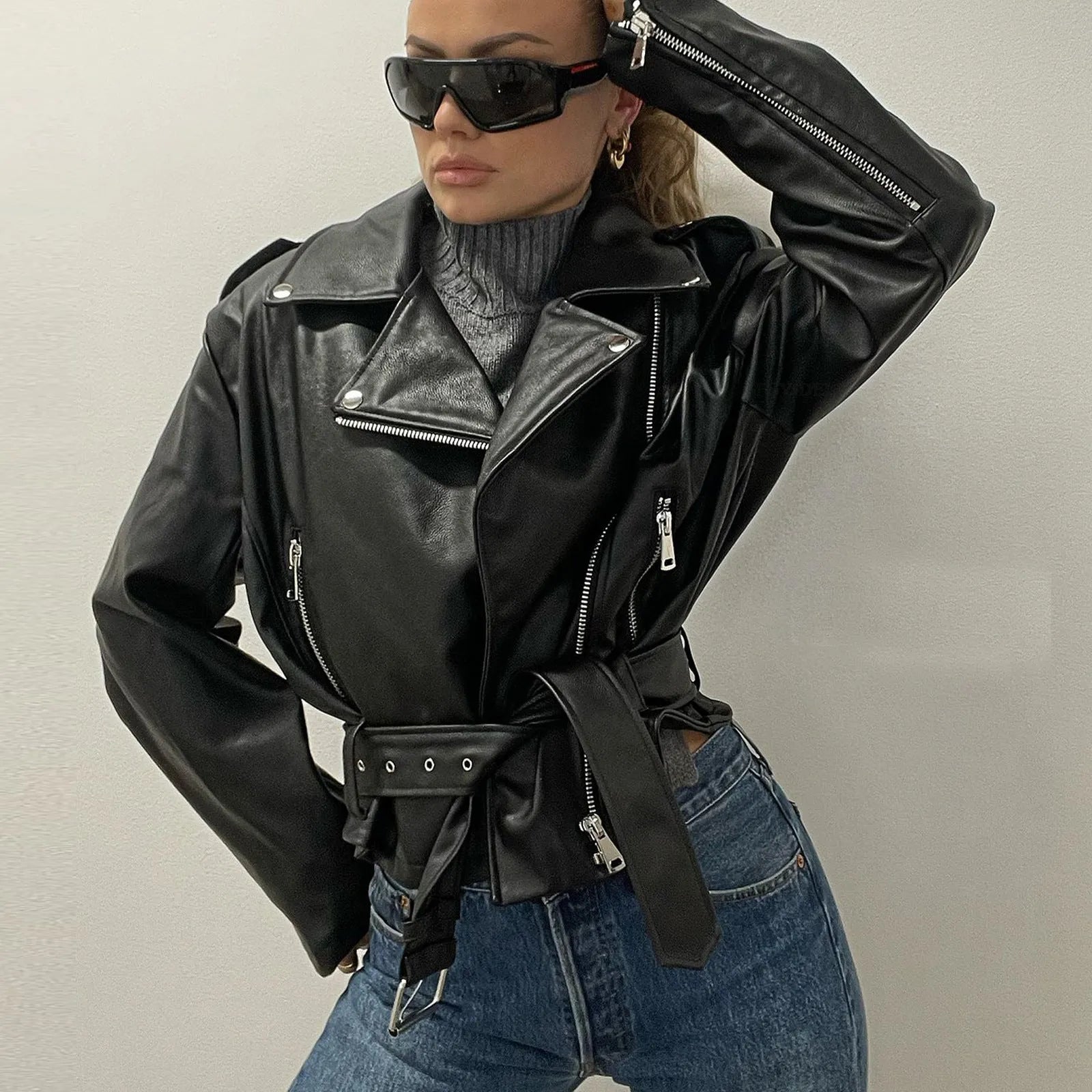 Leather punk jacket with drawstring waist and Peter Pan collar in black, blue or green colours