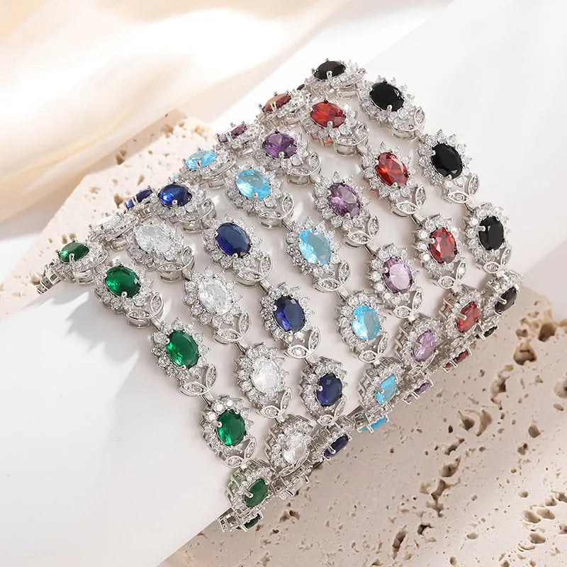 Women's simple zircon bracelet with environmentally friendly alloy and electroplated finish in gemstone colours
