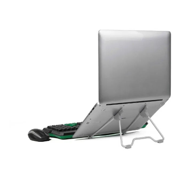 Grey adjustable height laptop and mobile phone stand made from aluminium alloy and plastic on a desk