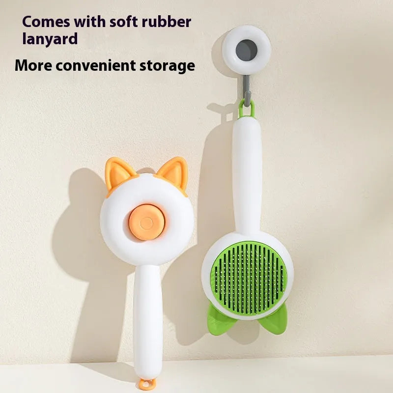 Self-cleaning pet grooming brush with stainless steel comb teeth in greenish white and orange white colour options