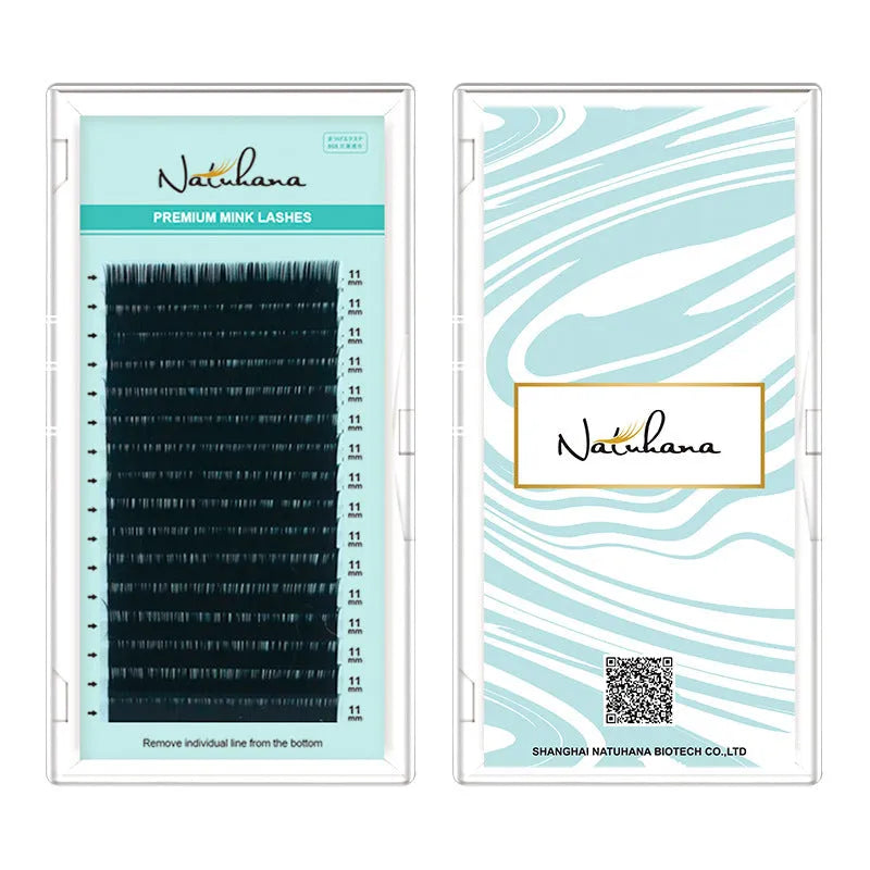 A pair of women's false eyelashes with soft velvet texture, showing length options from 7mm to 15mm.