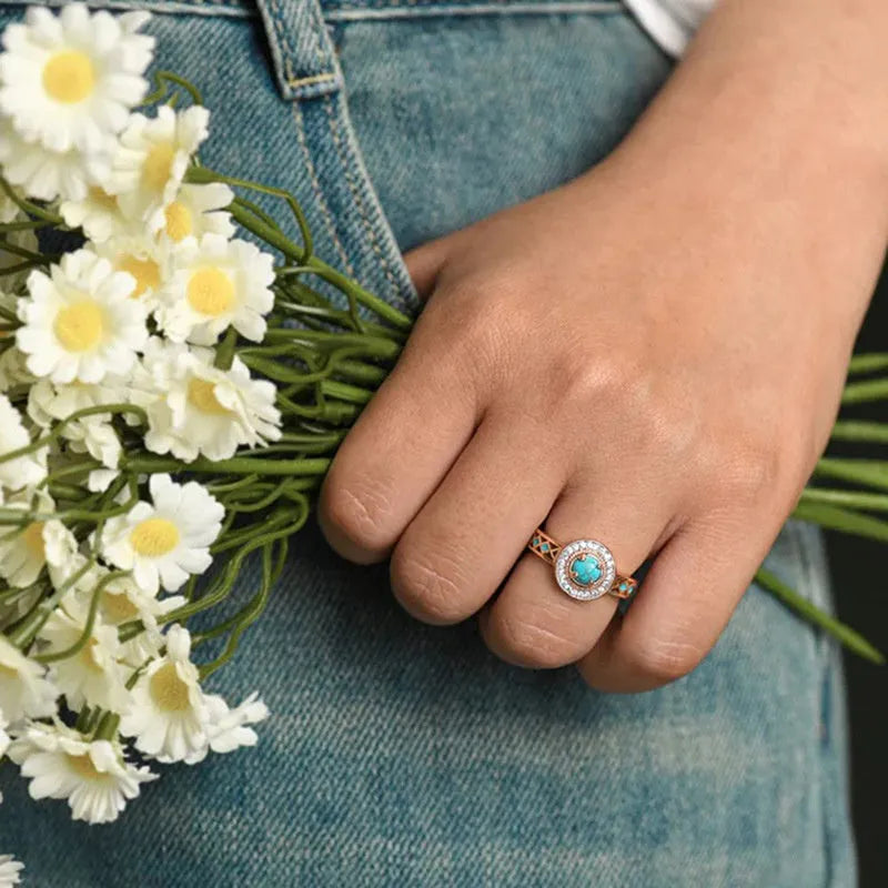 Women's turquoise ethnic style copper ring with geometric quadrangle design and micro inlaid zircon in rose gold colour