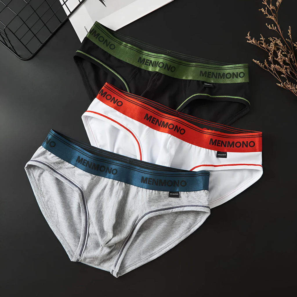 Men's low waist cotton briefs in a grey and red colour-block pattern.