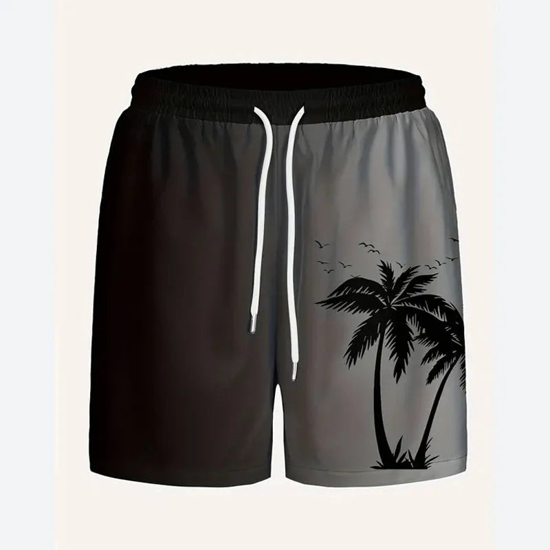 Man wearing loose grey polyester beach shorts on a sandy shore